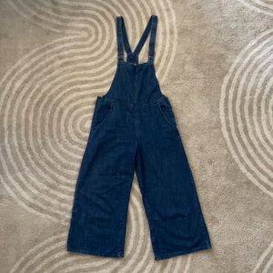 Wide leg culotte denim overalls in dark wash